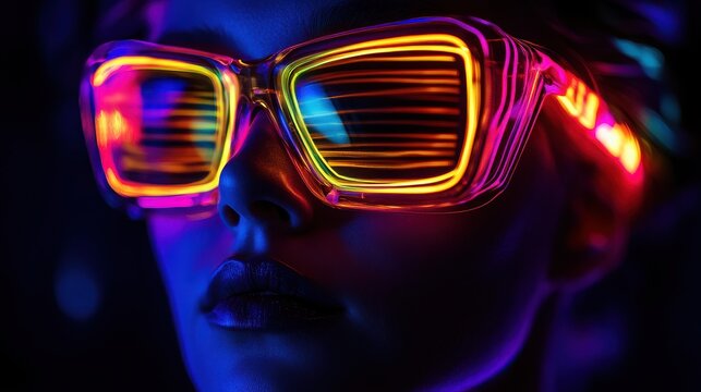 Woman wearing futuristic neon glasses in a dark and vibrant cyberpunk setting