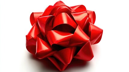 Red glossy gift bow, on white background, top view, copy space