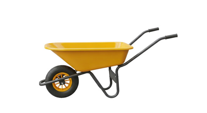Yellow wheelbarrow with black handles and tire isolated PNG with Transparent Background - Powered by Adobe