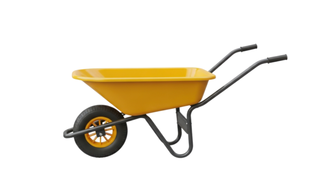 Yellow wheelbarrow with black handles and tire isolated PNG with Transparent Background