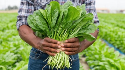 Person's hands holding a fresh bunch of organic spinach, tied with twine, harvested from a green field.