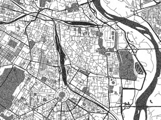 Naklejka premium Black and white cartographic illustration of New Delhi city Center, India, in hand-drawn sketch form.