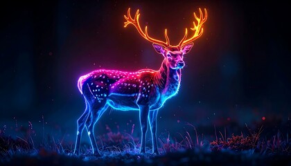 A digital illustration of a stag with glowing antlers and body, standing in a grassy area with a dark background, illuminated with vibrant neon colors