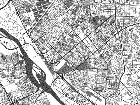 Hand-drawn style black and white city map of Noida, India, with detailed streets and textures.