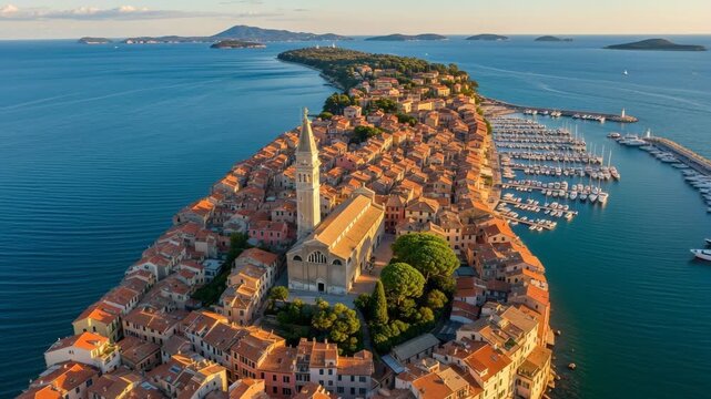 Aerial view of the old town of rovinj in croatia at sunset light