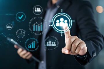 Innovative business person analyzes growth charts & team metrics with modern digital interface, leading to strategic insights & collaborative success