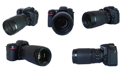 Collection set of professional DSLR photo camera body with zoom lens in various angle