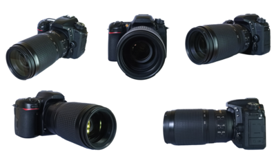 Collection set of professional DSLR photo camera body with zoom lens in various angle