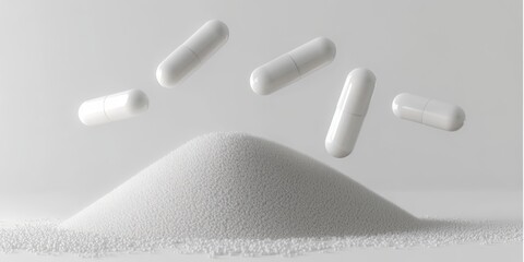 Encapsulated Medication Floating Above Powder Pile, Pharmaceutical Ingredient Preparation and Dosage