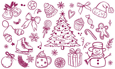 Christmas Doodle Set, Hand Drawn Holiday Clipart, Cute Winter Line Art Collection with Tree, Snowman, Gifts, Sweets and Decorations. Vector Illustrations