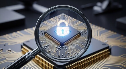 Magnifying glass over circuit board with padlock icon. Cybersecurity concept for data protection and privacy. Digital security analysis.