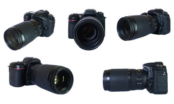 Collection set of professional DSLR photo camera body with zoom lens in various angle