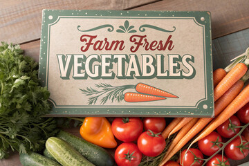 Box of Fresh Vegetables on Wooden Table