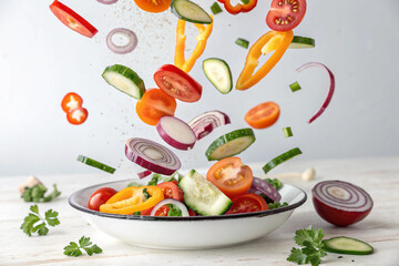 Fresh vegetables slow motion style falling into bowl