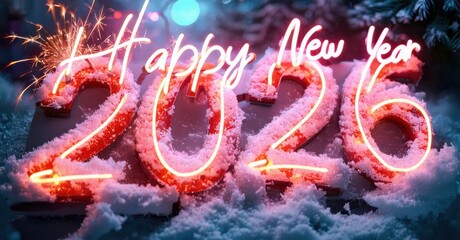 Bright neon sign displays Happy New Year 2026 amidst snow, fireworks, festive lights. Celebratory winter scene.