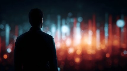 Silhouette of a man contemplating a futuristic digital data landscape