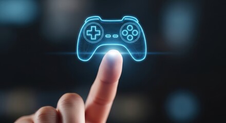 Finger touching a glowing neon game controller icon on a virtual interface screen
