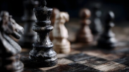Fototapeta premium Close up of a dramatic chess game setup with weathered black and white pieces on a textured board symbolizing strategy and competition