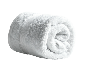 A tightly rolled, fluffy white towel with a textured surface