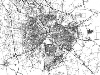 Stylized black and white urban map of Vadodara, India, hand-drawn style for decor and creative use.