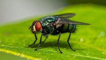 Naklejka premium Macro view of housefly with metallic body and red eyes resting on green leaf