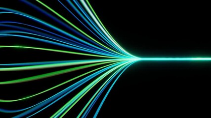 Glowing neon green gradient light lines expanding from single line. Abstract motion design and tech concept - Powered by Adobe