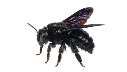 Profile view of a black bee with iridescent wings