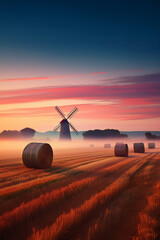 Silhouette of vinage windmill viewed from across field of hay bales at dawn on misty morning in rural France