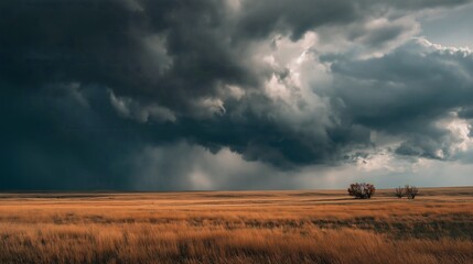 Stormy skies over a golden field create a dramatic landscape scene.