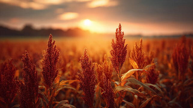 Golden hour bathes a field of sorghum in warm light, highlighting the textures of the crop and the serenity of the rural landscape at sunset.