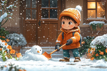 A cheerful boy in an orange coat builds a snowman in a snowy garden, surrounded by flowers and a cozy home. A perfect winter scene full of joy and creativity.