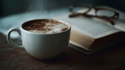 A steaming cup of coffee rests beside an open book and eyeglasses on a wooden table evoking a sense of quiet study and comfort