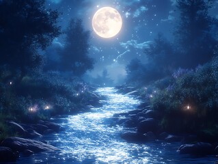 Fototapeta premium Enchanted Moonlight Reverie: Tranquil River Flowing Under the Guiding Light