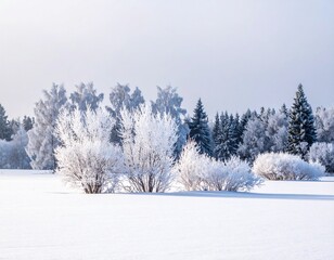 Obraz premium A serene winter landscape with frost-covered bushes and trees standing in a vast, snowy field under a bright, hazy sky.