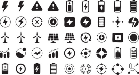 Energy and Power Line Icons with Batteries, Solar Panels and Wind Turbines