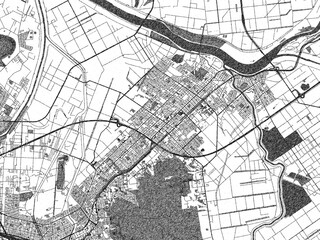 Obraz premium Black and white illustrated map of Ebetsu, Japan, with streets, rivers, and neighborhoods.