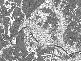 Hand-drawn style black and white city map of Fuchucho, Japan, with detailed streets and textures.