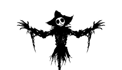 eerie scarecrow silhouette with skeletal face and outstretched arms against a stark white background