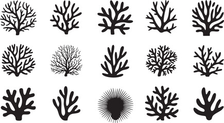 Coral Silhouette Vector Icons Set with Sea Plants and Ocean Reef Symbols