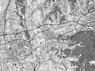 Naklejka premium Black and white illustrated map of Fukuroi, Japan, with streets, rivers, and neighborhoods.