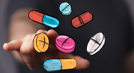 Colorful illustration of pills and capsules floating near a hand.  Perfect for healthcare, medicine, pharmacy, and wellness concepts.