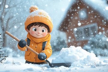 A cheerful boy in an orange winter coat and hat shovels snow on a snowy day, surrounded by falling snowflakes and a cozy cabin in the background.