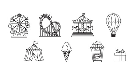 Whimsical hand-drawn carnival and amusement park icons set on white vector