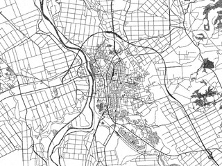 Naklejka premium Hand-drawn style black and white city map of Goshogawara, Japan, with detailed streets and textures.