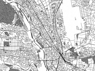 Naklejka premium Urban black and white map of Fussa, Japan, designed in a sketch style for prints.