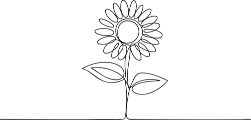Sunflower Line Art Illustration in Continuous Drawing Style with Petals and Leaves