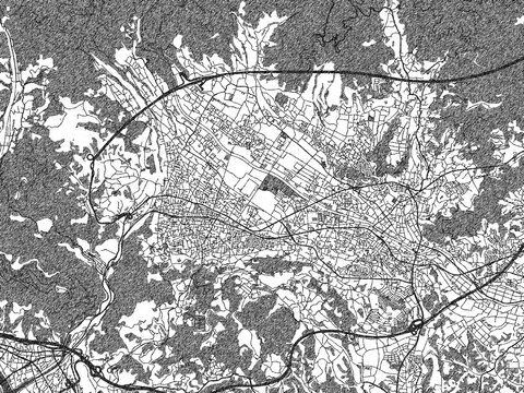 Black and white map poster of Hadano, Japan, illustrated in hand-drawn style.