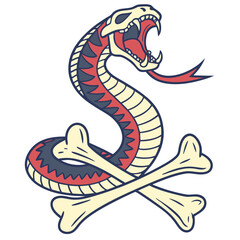 Aggressive snake coiled around crossed bones reptile