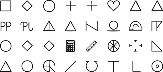 Outline Vector Icons of Geometric Shapes Including Squares, Circles and Symbols