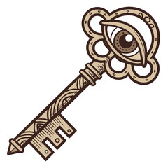 Antique key with eye motif and decorative patterns